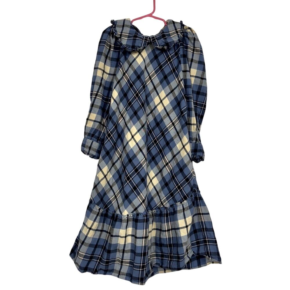 LoveShackFancy Blue Yellow Plaid Ruffled Long Sleeve Girls Dress 7/8 Modest